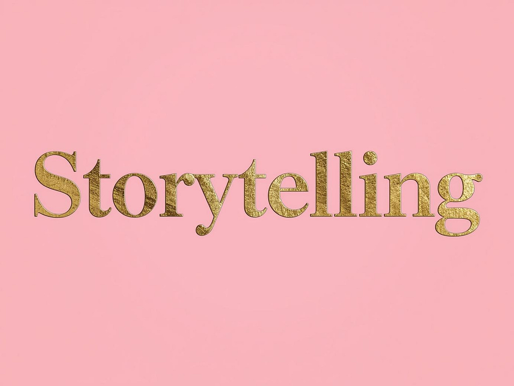 Le Mot Storytelling écrit en doré sur fond rose le mot storytelling en doré sur fond rose